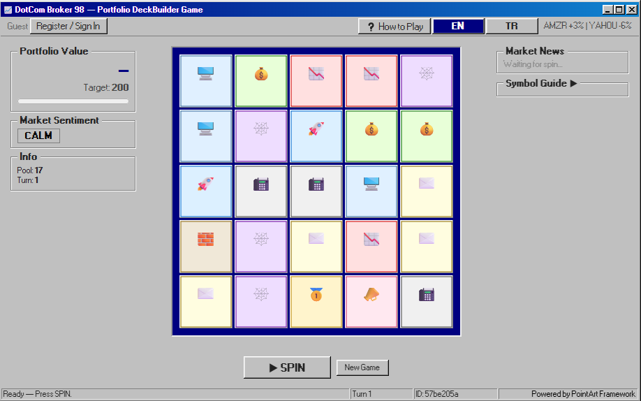 DotCom Broker 98 — Windows 98 style portfolio deckbuilder card game with a 5x5 symbol grid, market sentiment panel and ticker